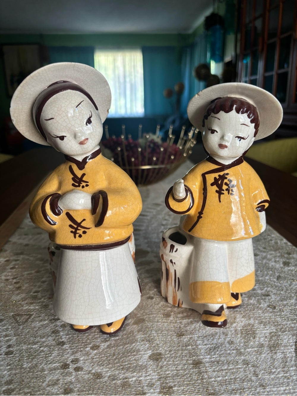 Vintage Yellow Ceramic Asian planter Figurine Pair - Decorative Home Art